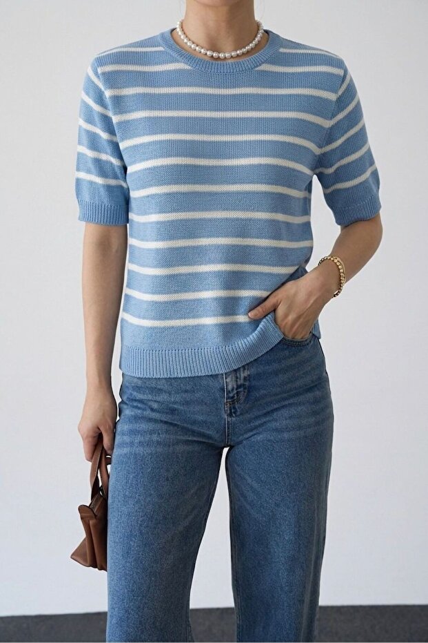 Women's Turquoise Short-Sleeved Striped Stylish Summer Sweater