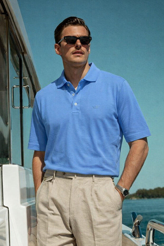 Men's Daily Comfortable A.Blue Polo Collar T-Shirt