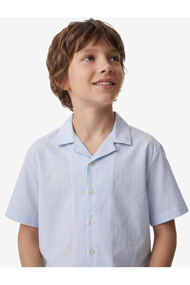 Turn-Down Collar Short Sleeve Striped Poplin Shirt with Embroidery Detail on the Back