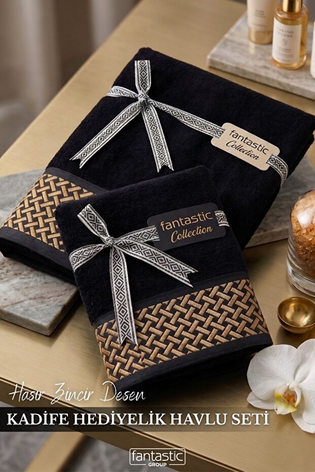 Bordered Embroidered Straw Chain Patterned Special Velvet Gift Towel Set