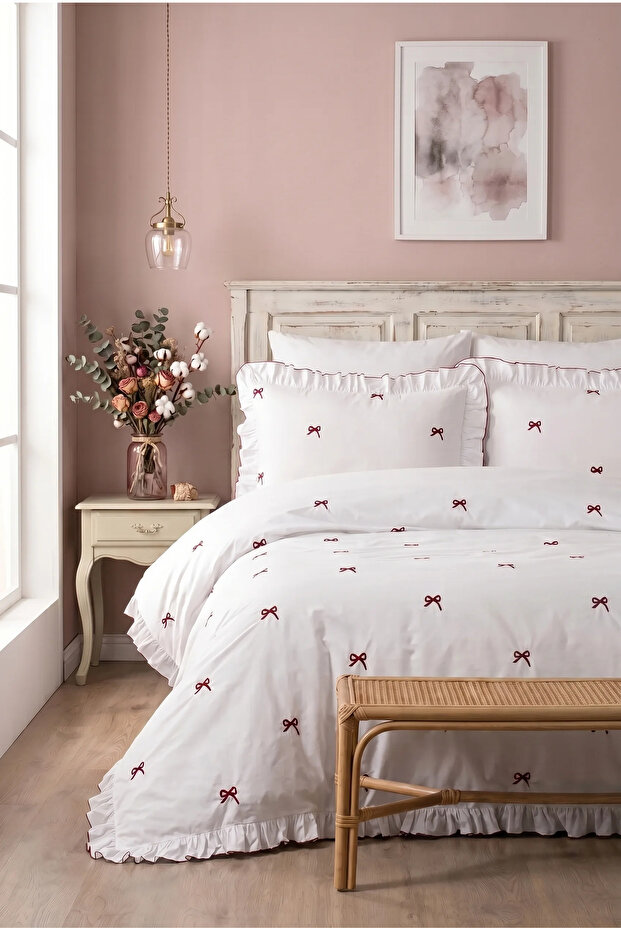 Aurelia 100% Cotton Ruffled, Bow Pattern Embroidered 6 Piece Premium Double Duvet Cover Set