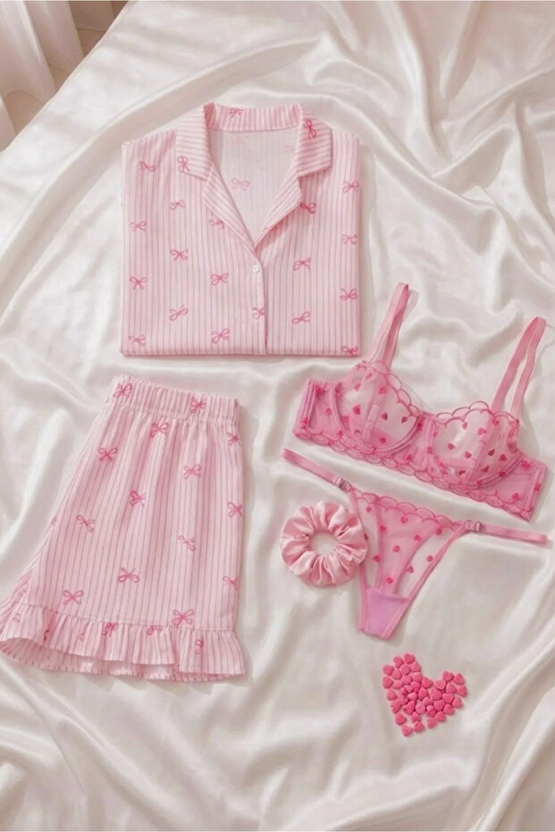 Pink 2-Piece Set: Bow Patterned Pajama Set & Tiny Heart Patterned Underwear Set - 2