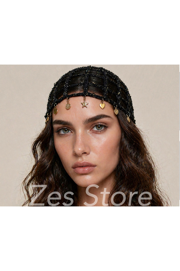 Knitted Bohemian Gold Accessory Detailed Glittery Mesh Beanie Hat & Bandana & Buckle & Crochet