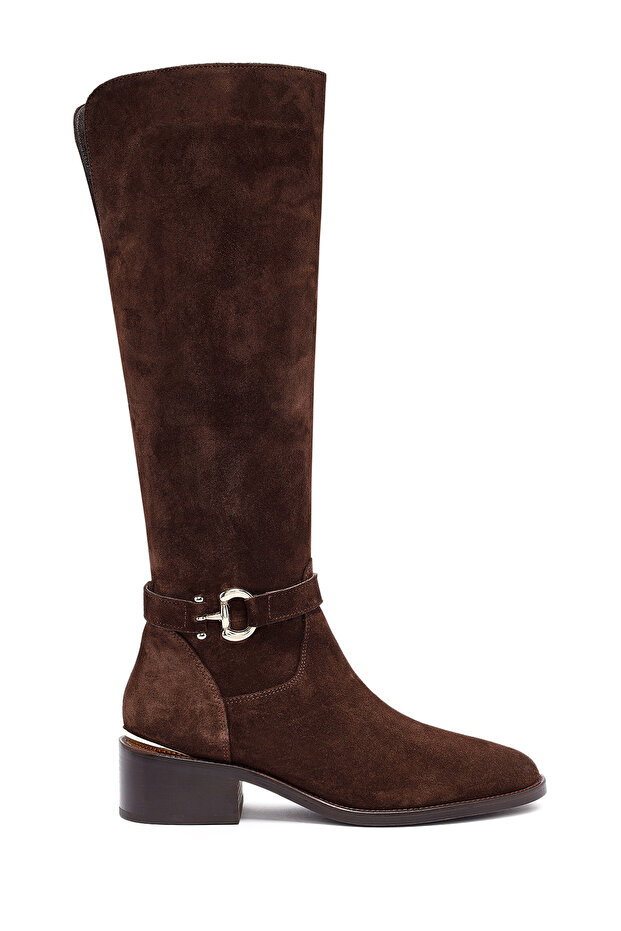 Women's Brown Zippered Short Heeled Suede Leather Boots 25Wfd153510
