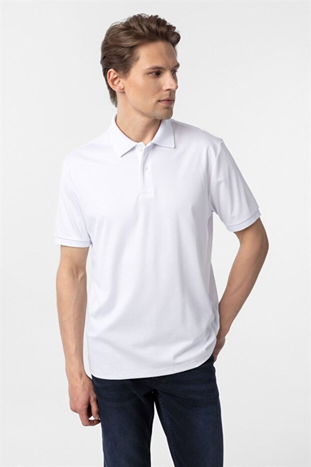 Beyaz Regular Baskılı Polo Yaka Tişört - 3