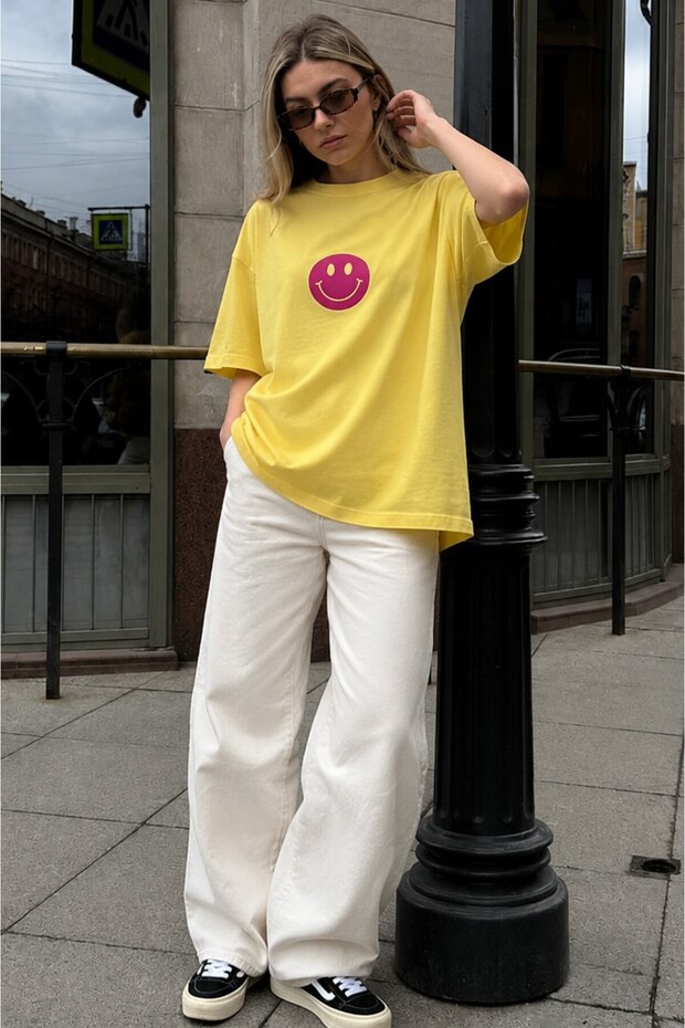 Yellow Printed Oversize Crew Neck Women's T-Shirt