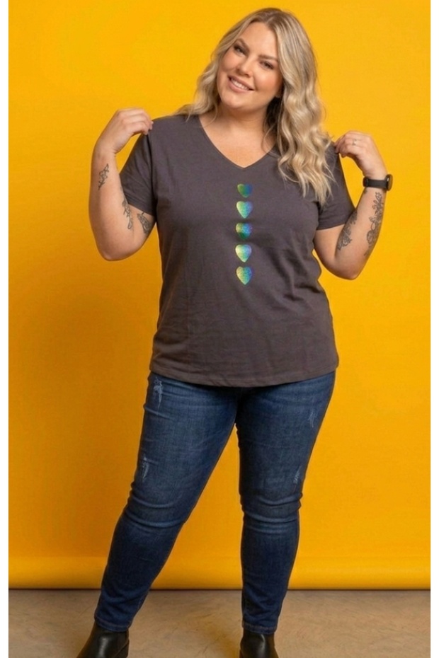 V-Neck Large Size Dark Smoked Trend Printed T-Shirt