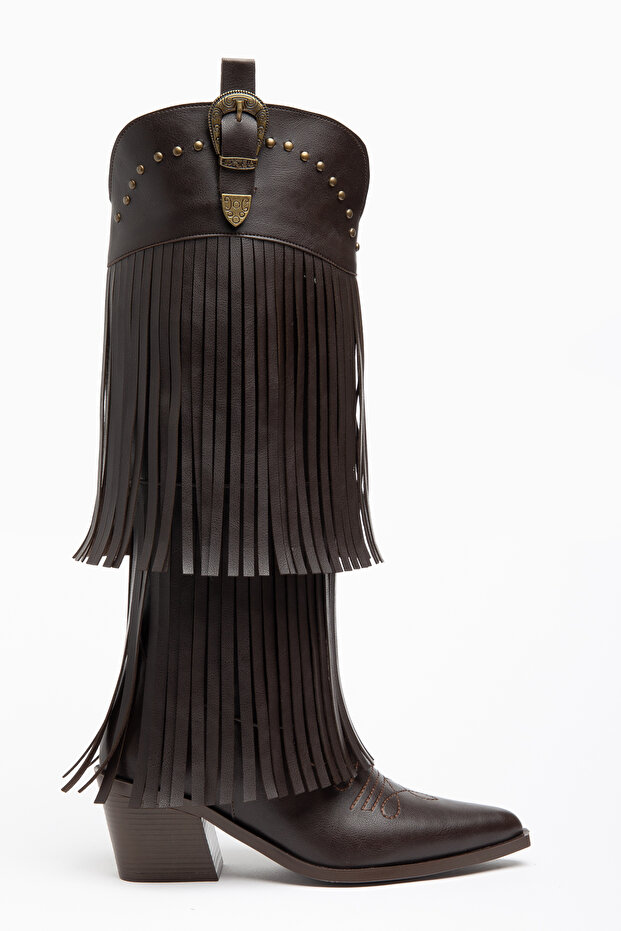 Bitter Brown Matte Leather Tasseled Buckle Western Cowboy Boots