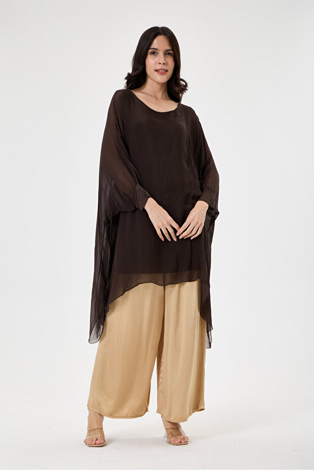 Brown Italian Bat Sleeve Lined Long Silk Tunic Blouse 40 - 46 Size