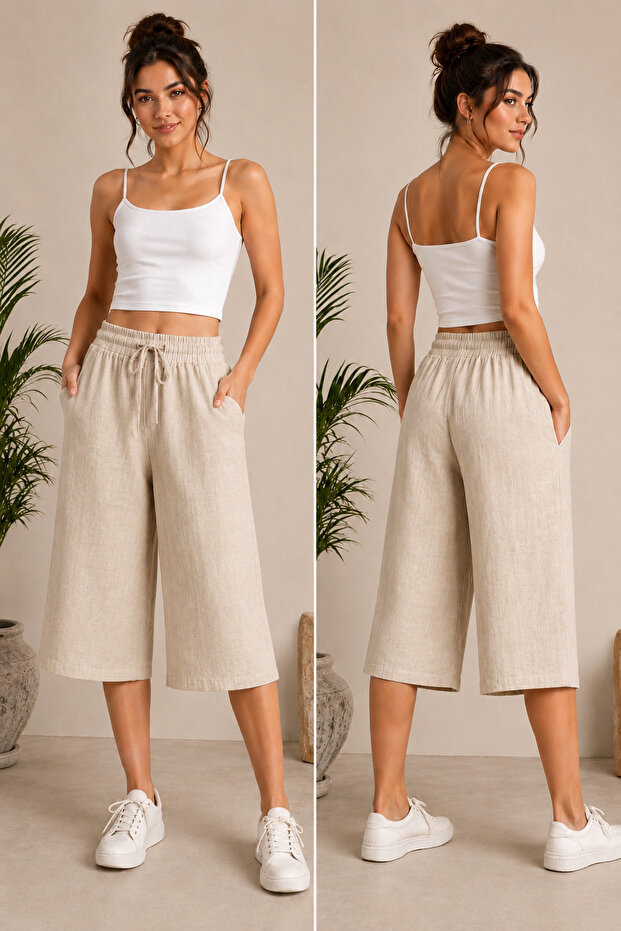 Beige Linen Capri with Elastic Waistband and Laces