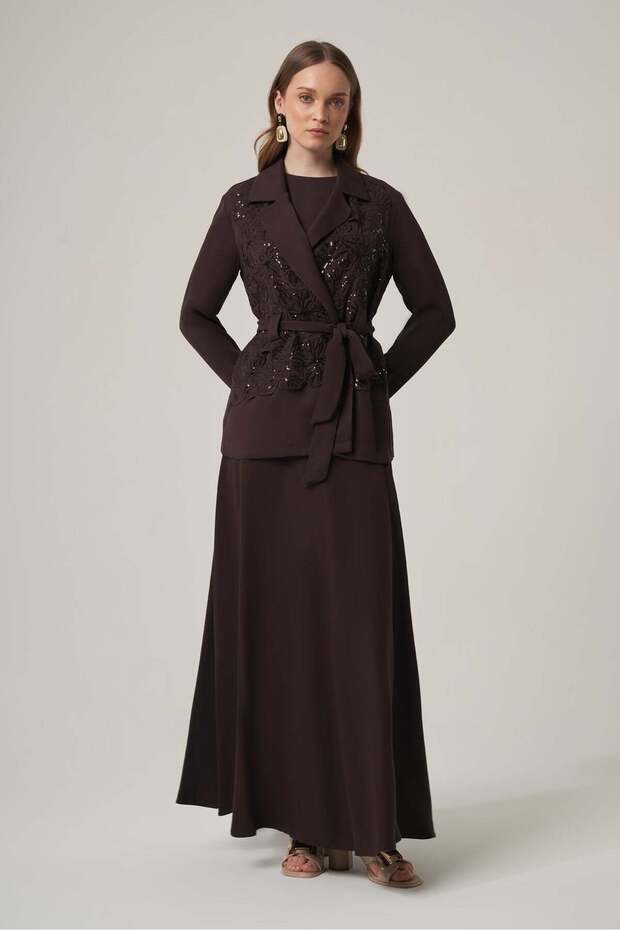 Women's Sequin Embroidered Belt Detailed 3-Piece Set Brown 31375