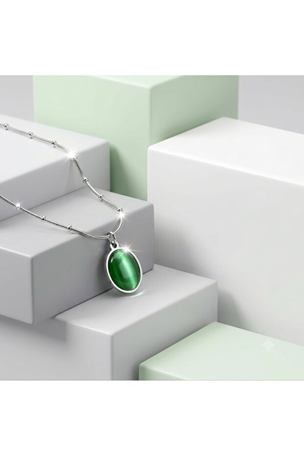 Non-Tarnish Steel Green Pearlescent Enamel Oval Pendant