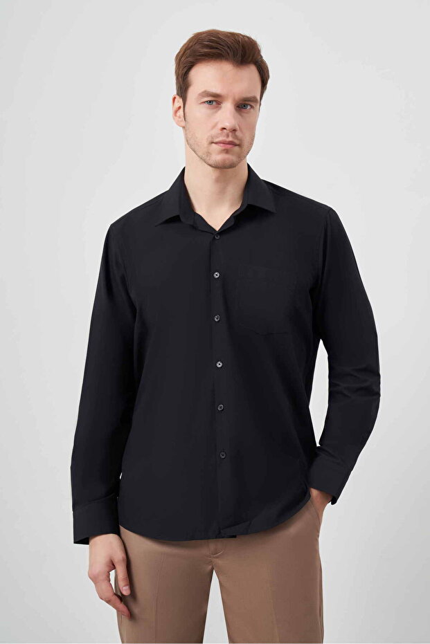 Men's Black Basic Plain Pattern Pocketed Hard Collar Regular Fit Shirt - 5