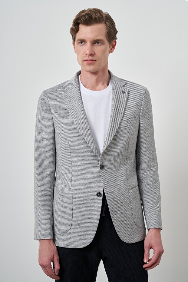 سترة رجالية من الكتان الرمادي المنسوج بنمط Slim Fit وياقة واحدة