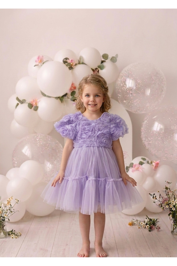 Lilac 3D Rose Patterned Skirt with Ruffles at the Hem Graduation Special Occasion Girls' Dress