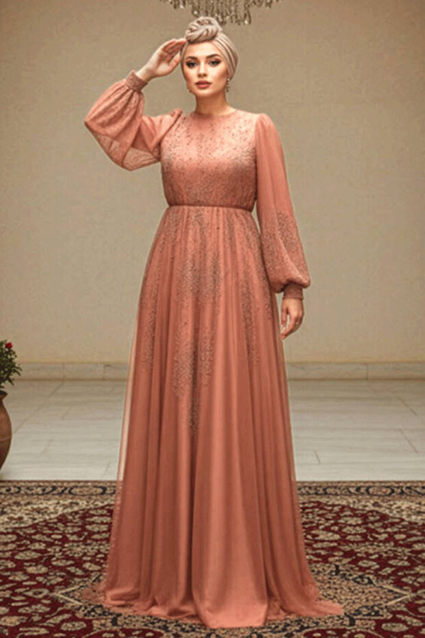 Beaded Tile Hijab Evening Dress 22031Krmt