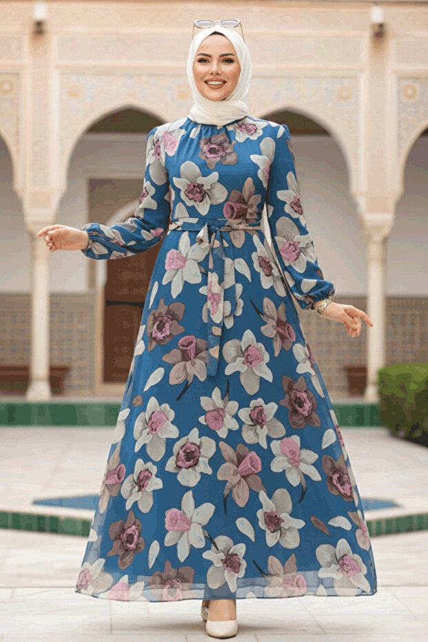 Floral Patterned Indigo Blue Hijab Dress 279325Im