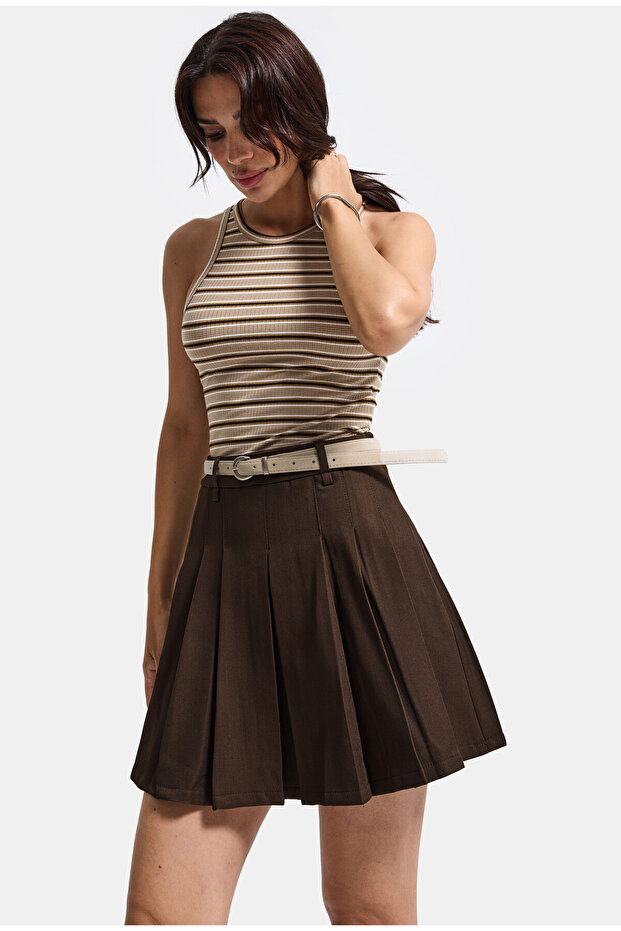 Women's Brown W5 Belted Pleated Organic Cotton Fabric Mini Skirt with Shorts Inside