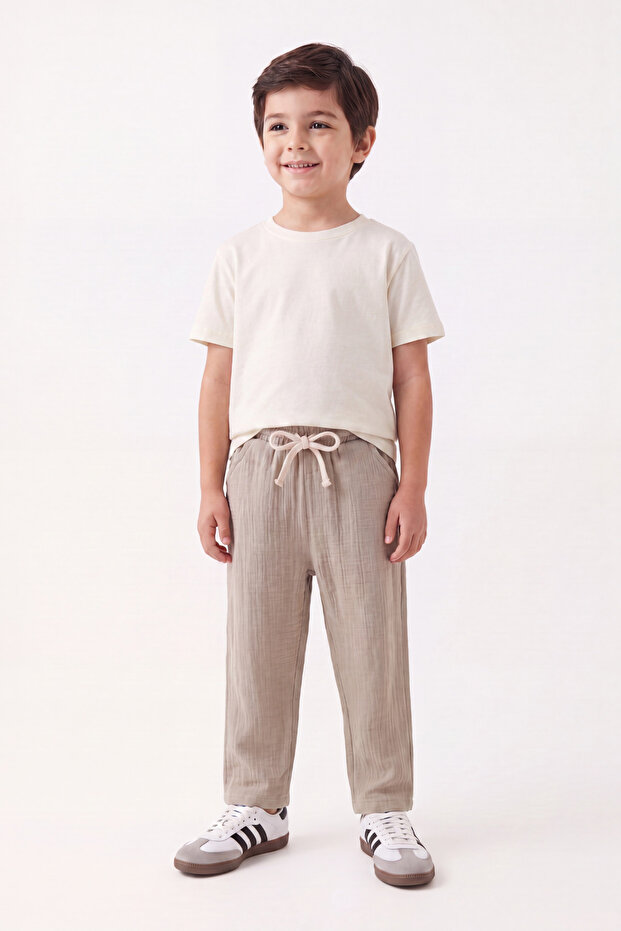 Ecru T-Shirt Stone Color Muslin Trousers Set 100% Cotton