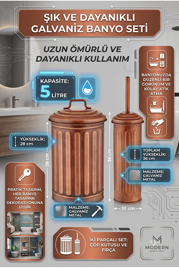 Galvanized Metal 2-Piece (5 Lt Trash Wc Brush) Bathroom Set Copper Glv0646