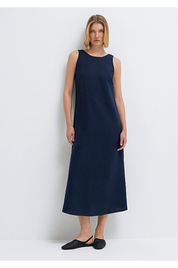 Navy Blue Linen Long Dress 1310844-83699