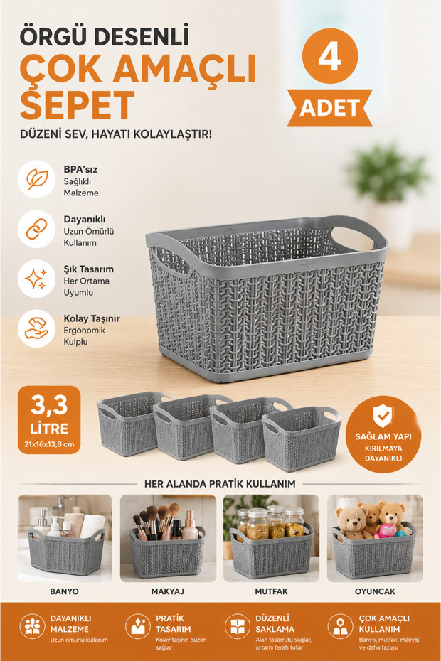 4 Pieces - 3.3 Liter Multi-Purpose Basket with Knitted Pattern – Bpa-Free, Durable, Stylish Design - 21X16X13.8 cm