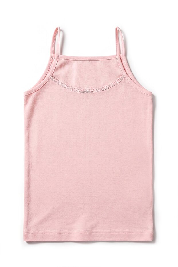 Girl's 100% Cotton Undershirt with Ribbed Thin Straps and Lace Detail, Ergonomic Design (8020)