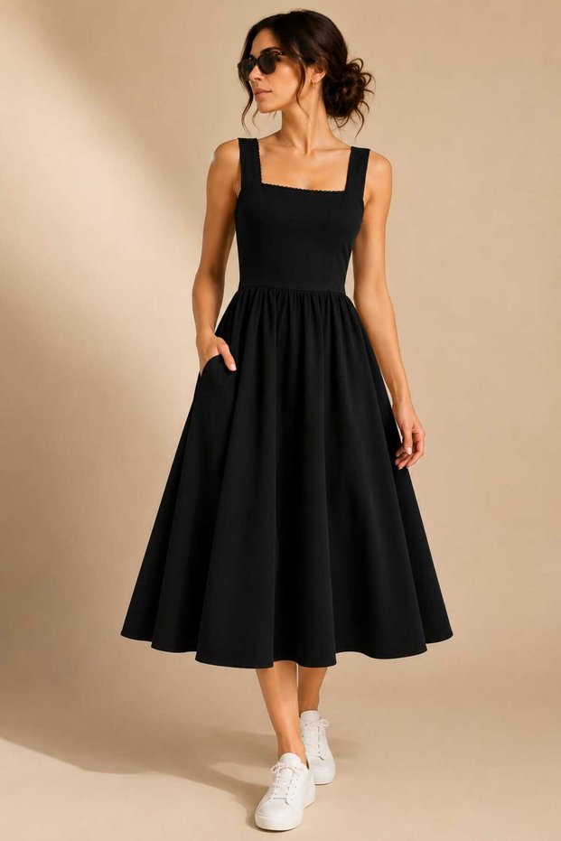 New Season Women's Strappy Square Neckline Elastic Waist Pocketed Comfortable Fit Midi Dress