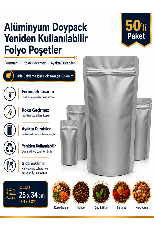 Ziplock Aluminum Packaging Package - 50 Pieces - Barrier Food Storage Bag, Ziplock (Ziplock) 25 cm X34 cm