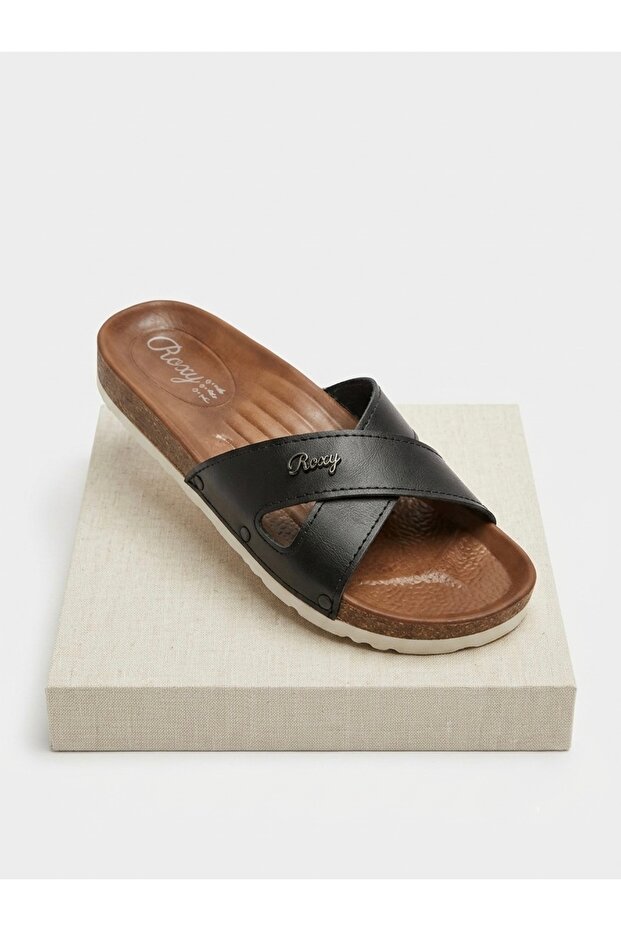 Women's Black Comfortable Sole Cross Leather Strap Indoor and Outdoor Slippers
