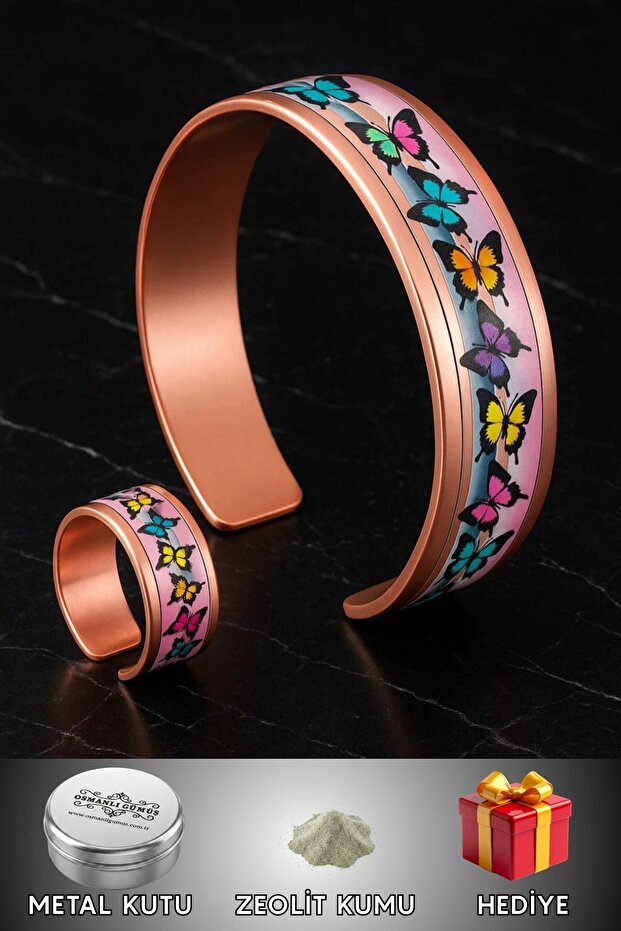 Women's Copper Bracelet Ring Set - Butterfly Model Special Edition Metal Box Zeolite Sand