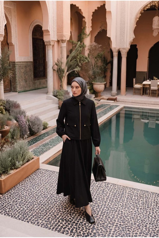 Natural Fabric Zipper Pocket Jacket and Skirt Two-Piece Set Black 26Yt621