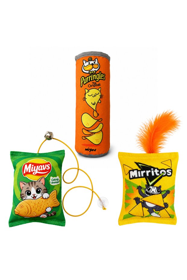 3-Piece Cat Toy Set with Catnip Purringles, Mirritos and Meow Fishing Rod Cat Toy
