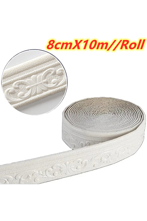 8cm X 10m White 10m/Roll 3D Wall Trim Line Skirting Border Self Adhesive Waterproof Baseboard Wallpa