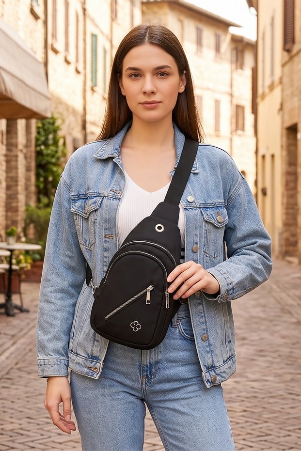 Women's Black Multi-Compartment Shoulder Bag - Daily Crossbody Bag (29X17X6 cm)