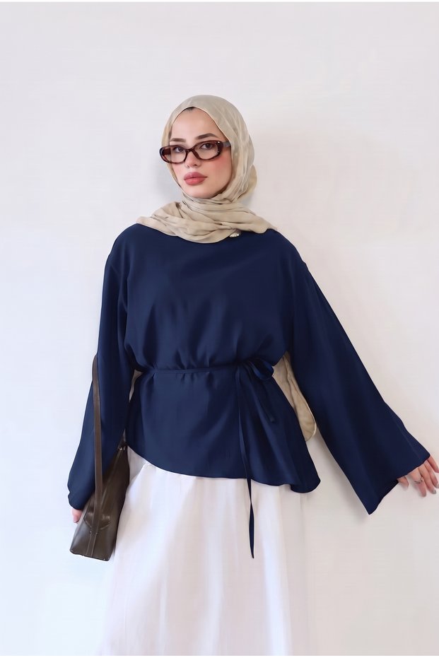 Tencel Asymmetrical Cut Lace-Up Blouse Navy Blue