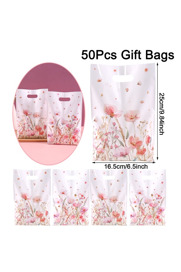 as picture 50pcs 10/20/50pcs Spring Wildflowers Plastic Gift Bags, Floral Grass Butterfly Design Han