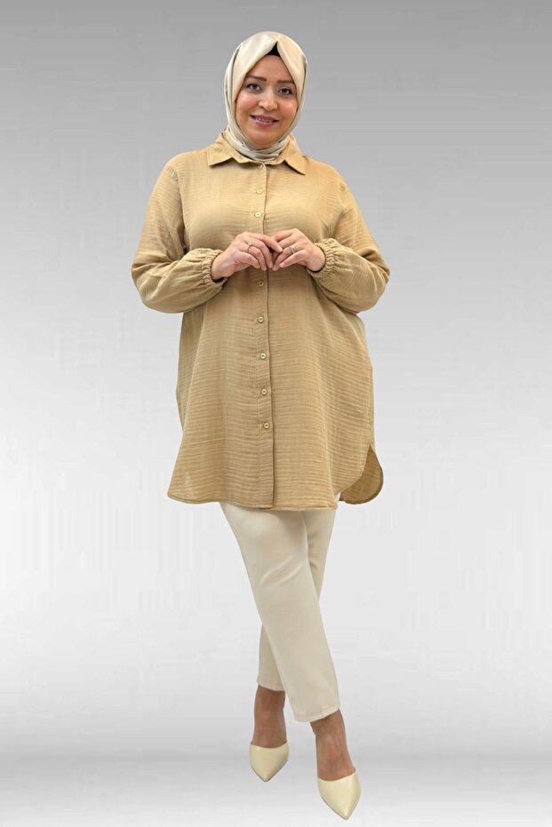 58091 Large Size Muslin Shirt with Elastic Sleeves - Beige
