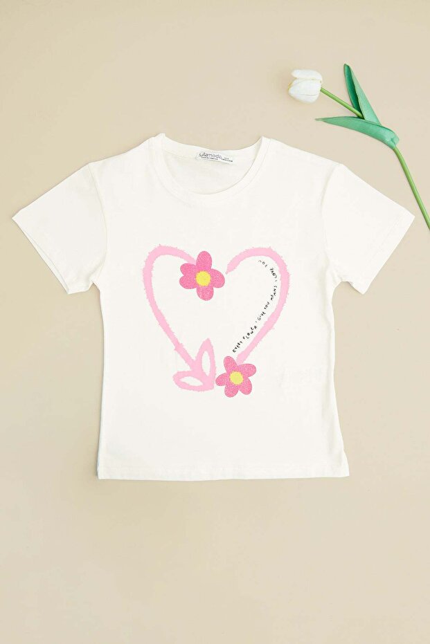 Heart and Flower Printed Girl's T-Shirt