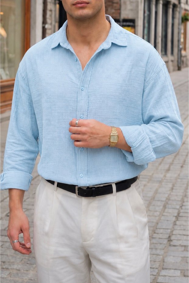 Men's Half Oversize Muslin Fabric Long Sleeve Collared Breathable