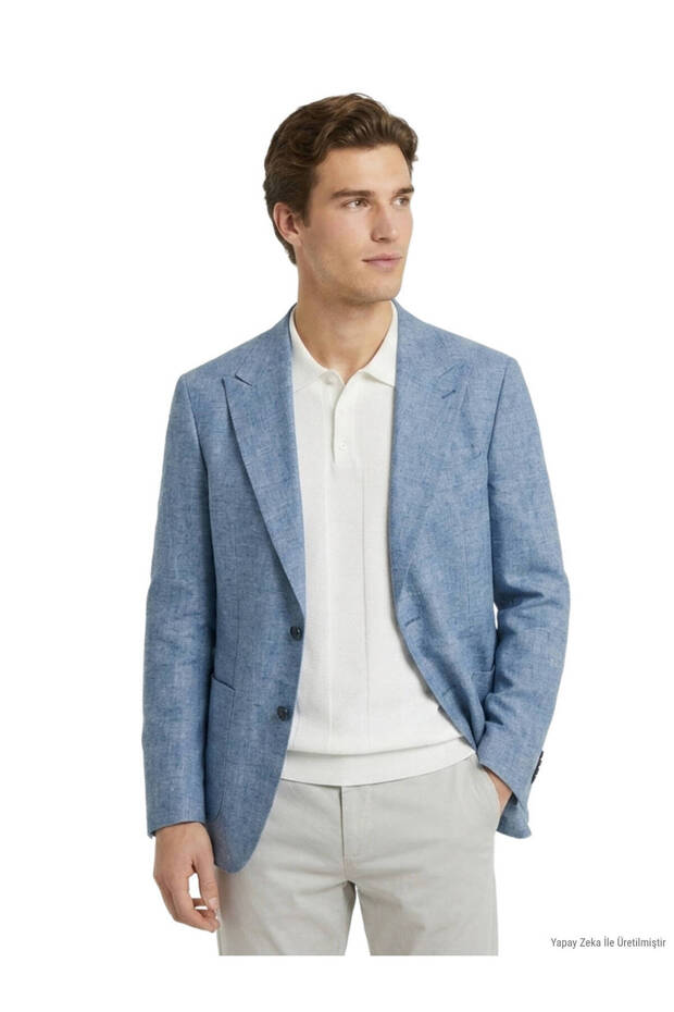 Blue Patterned Modern Fit Linen Blend Jacket