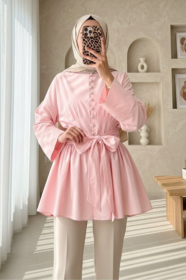 Beli Lace-Up Tunic with Stone Buttons - Pink