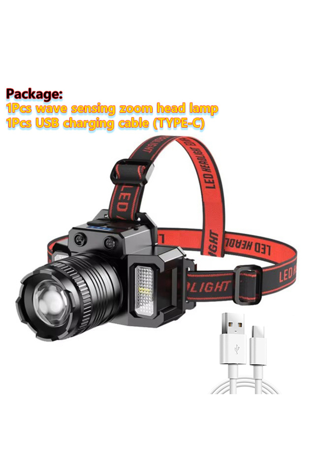 black 1Pcs Headlamp Smart Induction White Light LED Headlight Zoom USB Charging Sensor LED Headlamp