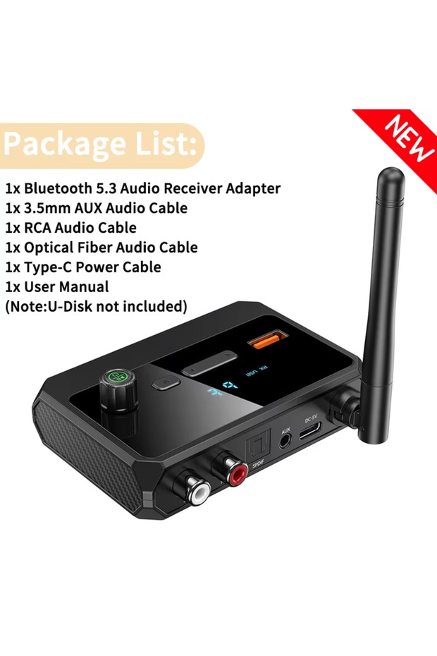 v5.3 Black(New) Bluetooth 5.3 Audio Receiver Support USB U-Disk Play Wireless Adapter R/L 2 RCA/3.5M