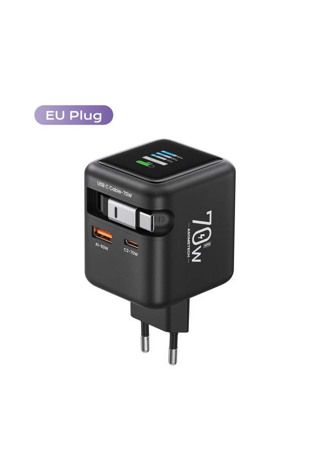 EU Plug 70W GaN USB Charger with Type C Retractable Cable PD3.0 QC4.0 PPS 3 Ports Fast Charger for i
