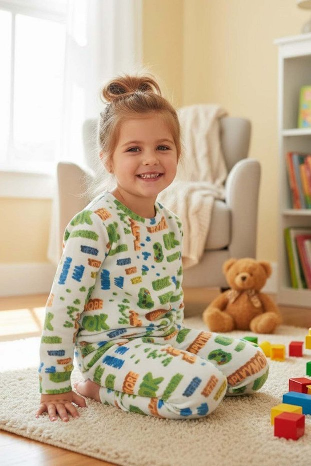 Play Yazı Printed Crew Neck Fleece Unisex Children's Pajama Set