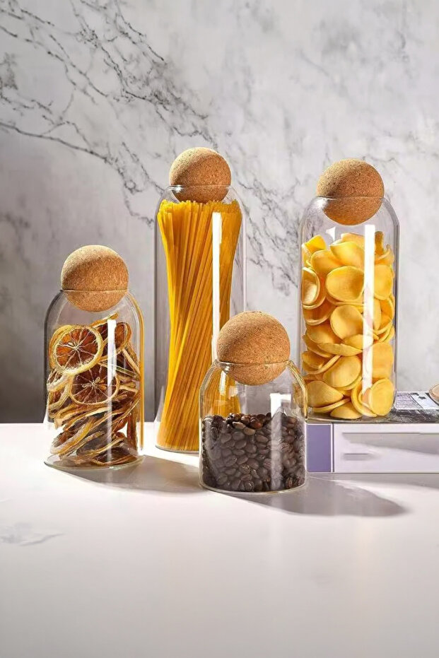 Set of 4 Borosilicate Glass Jars with Wooden Cork Lids, Sugar Bowl, Cookie Jar, Spice Jar, Storage Container