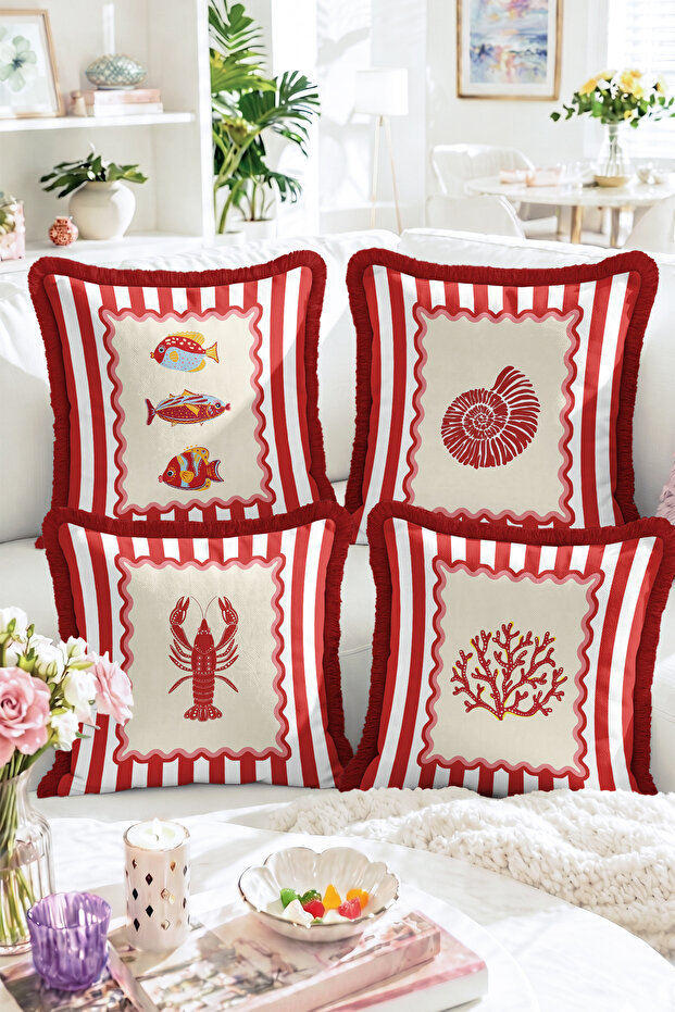 Sea-Themed Fish, Seashell, Lobster and Coral Patterned 4-Piece Fringed Throw Pillow Cover Set