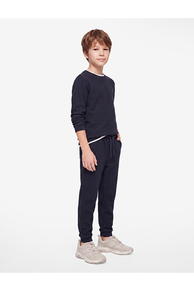 Ribbed Waist Tied Basic School Sweatpants with Pockets - 2