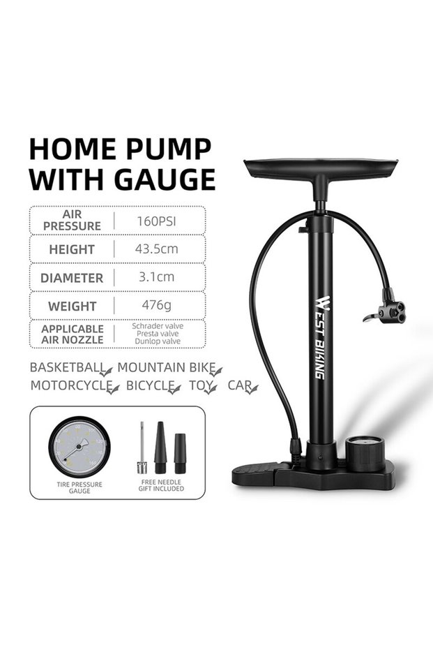 0711142Black WEST BIKING Bicycle Pump 160PSI Portable Stainless Steel Bike Pump Schrader Presta Valv